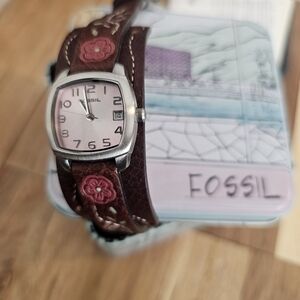 Fossil Brown Leather Watch with Pink Embroidered Flowers- new with tags
